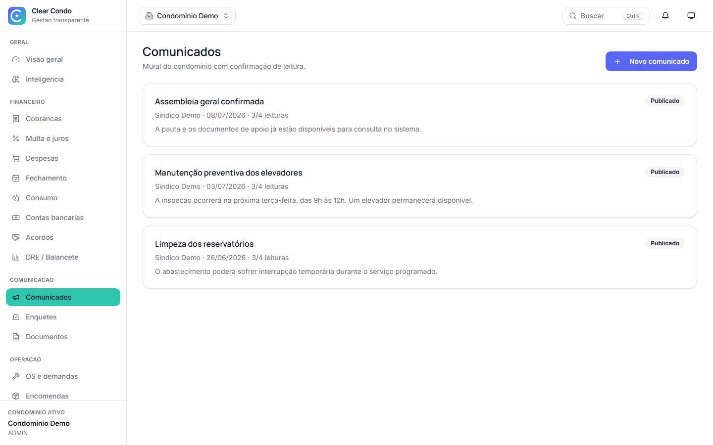 Mural de comunicados publicados com confirmação de leitura por morador