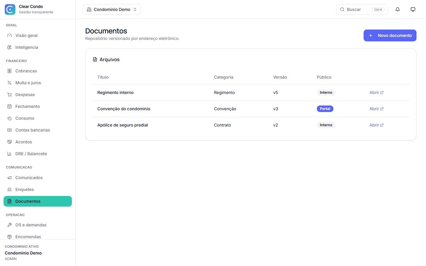 Repositório de documentos do condomínio com categoria, versão e visibilidade no portal