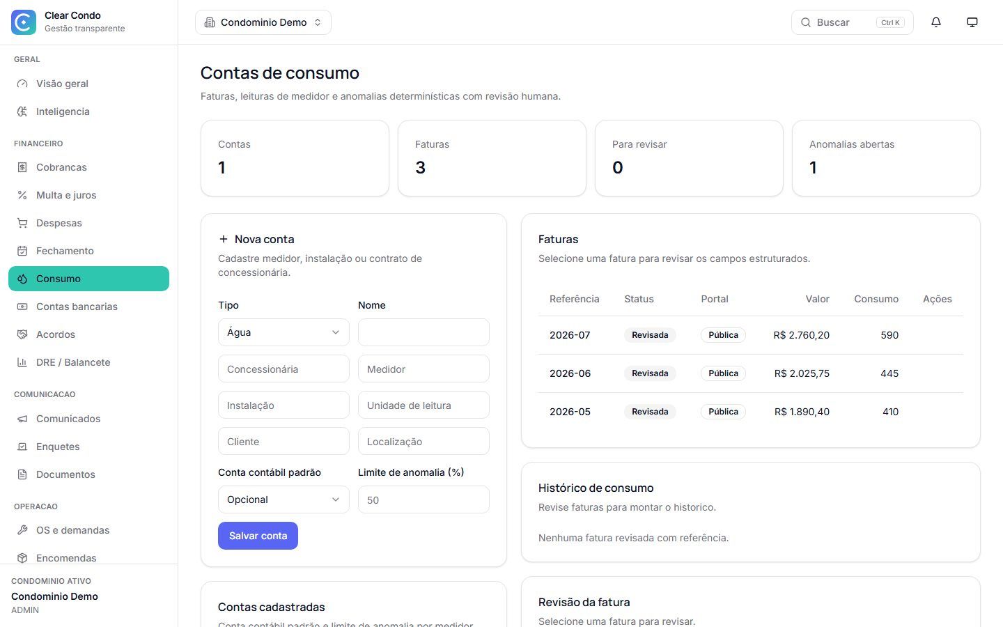 Gestão de consumo com contas, faturas em reais, leituras e anomalias para revisão