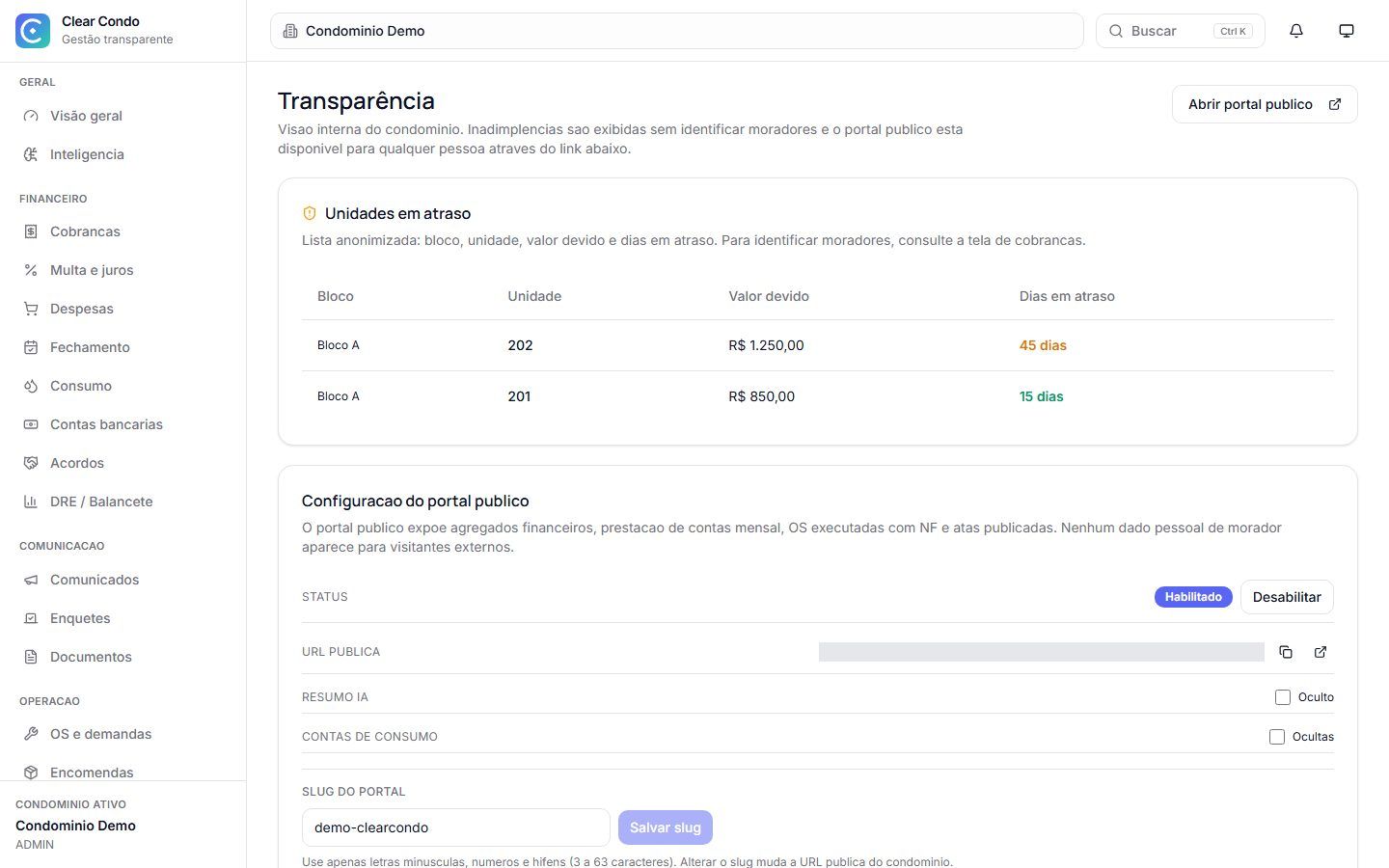 Configuração do portal de transparência com períodos publicados e endereço público