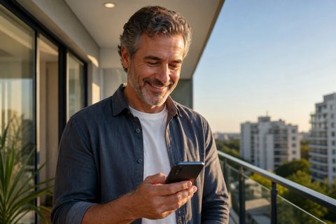 R. Nunes, síndico profissional, sorrindo com smartphone na varanda do condomínio