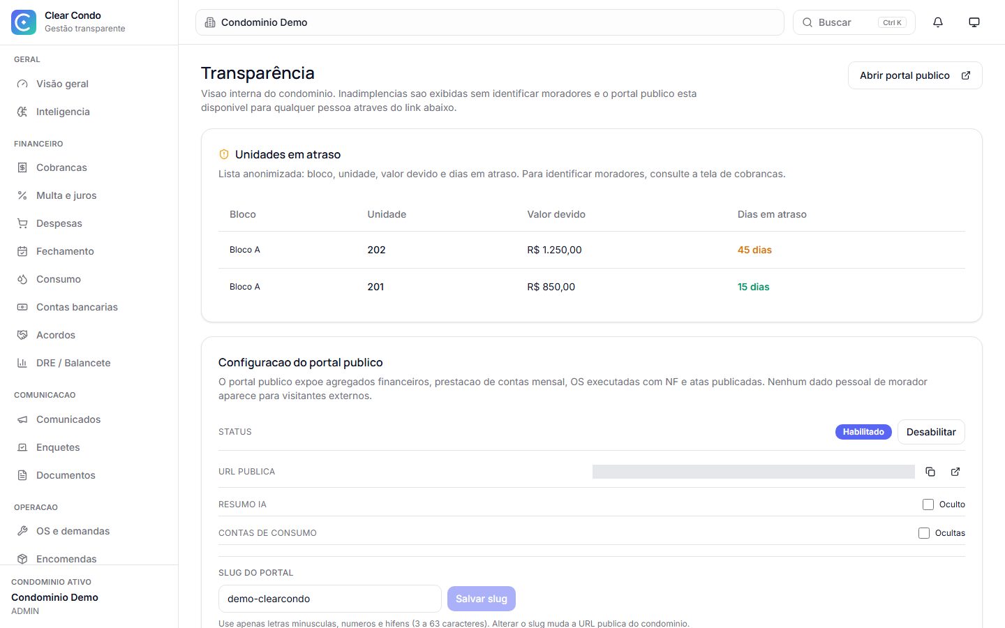 Configuração do portal de transparência com períodos publicados e endereço público
